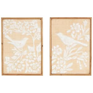 Wood Brown Bird Wall Art with White Painted Floral Patterns (Set of 2)