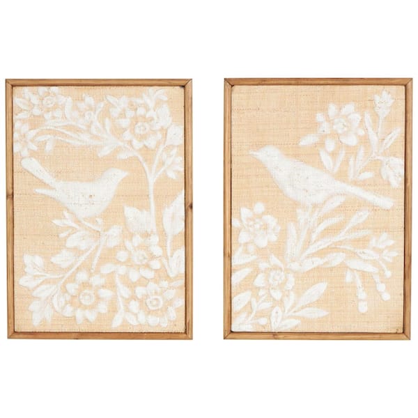 Litton Lane Wood Brown Bird Wall Art with White Painted Floral Patterns (Set of 2)