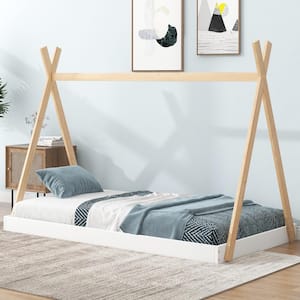Tent Style White and Natural Wood Frame Twin Size Platform Bed with Triangle Structure and X-Shaped Safety Railings
