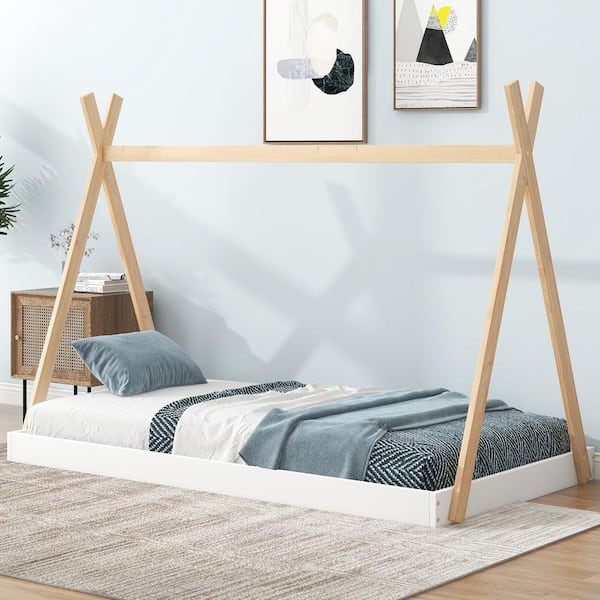 Harper & Bright Designs Tent Style White and Natural Wood Frame Twin Size Platform Bed with Triangle Structure and X-Shaped Safety Railings