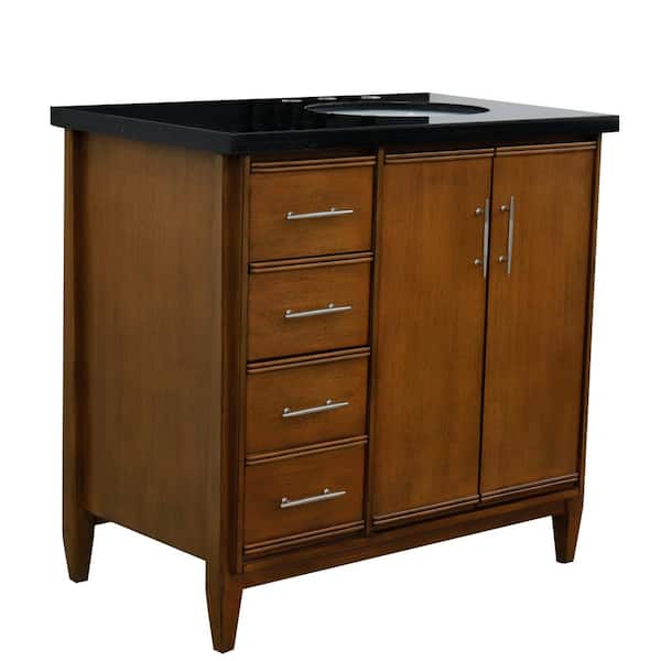 Bellaterra Home 37 in. W x 22 in. D Single Bath Vanity in Walnut with Granite Vanity Top in Black with Right White Oval Basin