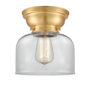 Bell 8 in. 1-Light Satin Gold Flush Mount with Clear Glass Shade