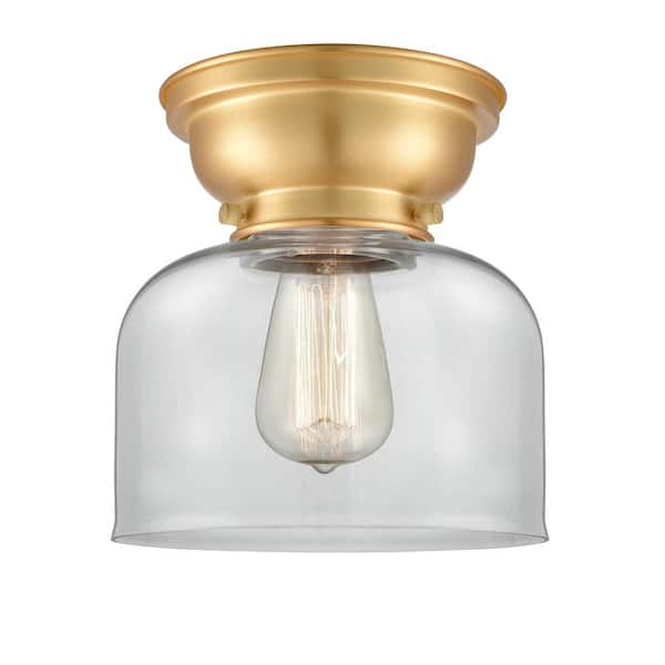 Innovations Bell 8 in. 1-Light Satin Gold Flush Mount with Clear Glass Shade