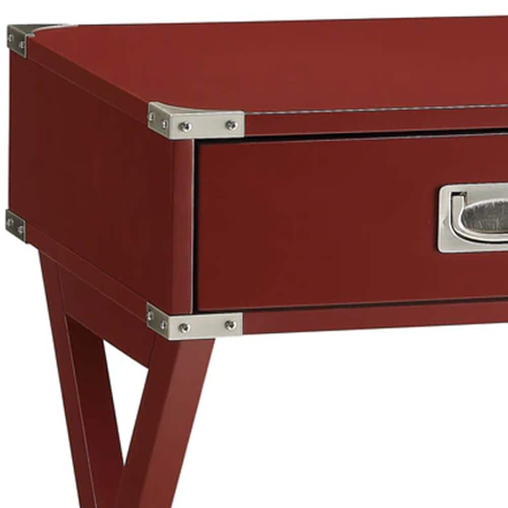 Red Square Wooden End Table with Metal Accents and Storage