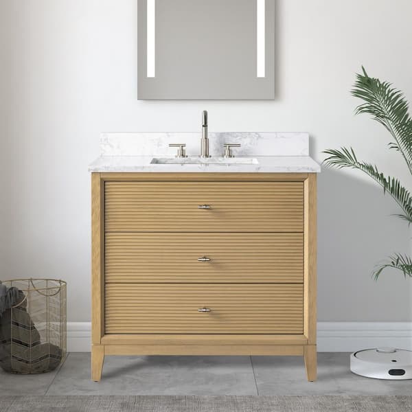 36 in. W Single Sink Freestanding Natural Oak Bath Vanity Cabinet with Arabescato White Engineered Marble Top