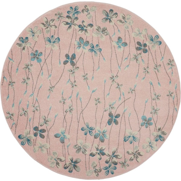 Nourison Tranquil Pink 5 ft. x 5 ft. Floral Modern Round Area Rug