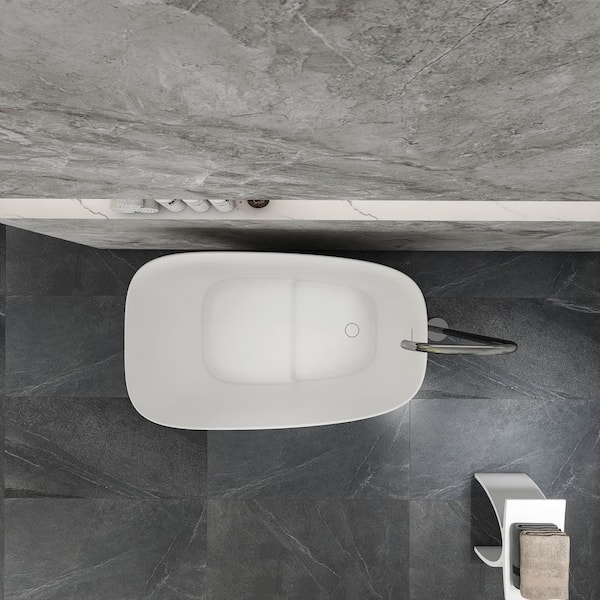 Moray 52 in. x 29 in. Stone Resin Solid Surface Freestanding Single Slipper Soaking Bathtub in White with Brass Drain