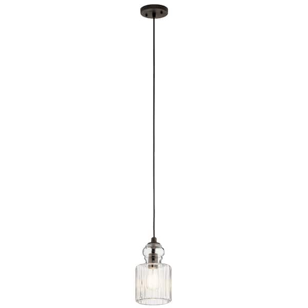 KICHLER Riviera 10.75 in. 1-Light Olde Bronze Transitional Shaded Kitchen Mini Pendant Hanging Light with Clear Ribbed Glass