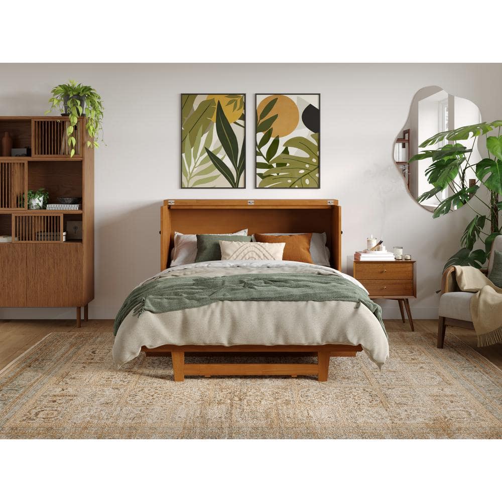 Light Toffee Full Wood Murphy Bed Chest with Mattress and USB Charger