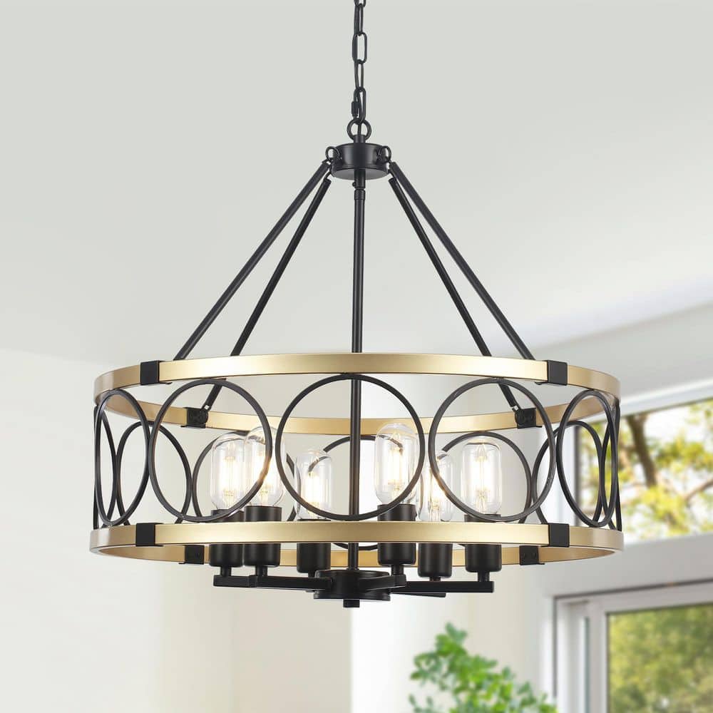 21.65 in. 6-Light Gold/Black Rustic Farmhouse Round Drum Chandelier Hanging Ceiling Light for Living Room Foyer price history on PriceWatchPro