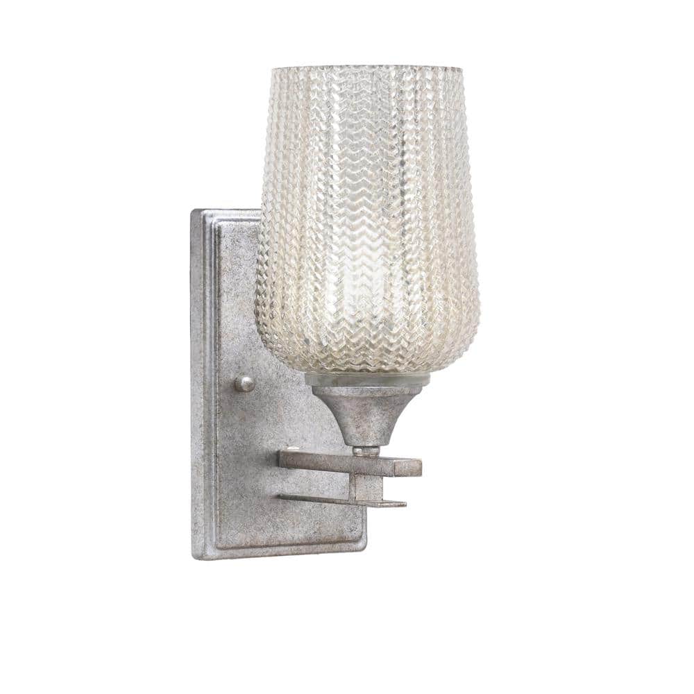 Ontario 1-Light Aged Silver 5 in. Wall Sconce with Silver Textured Glass Sh