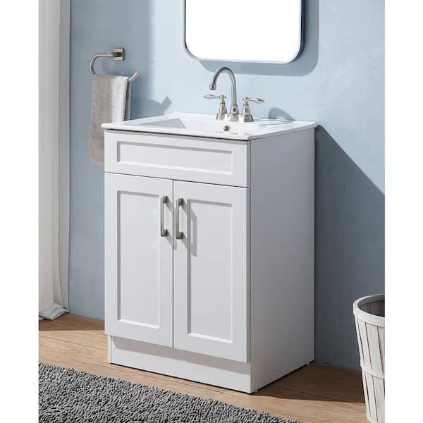 24 in. W x 18 in. D x 32 in. H Modern Freestanding Bathroom Vanity in White with White Ceramic Sink