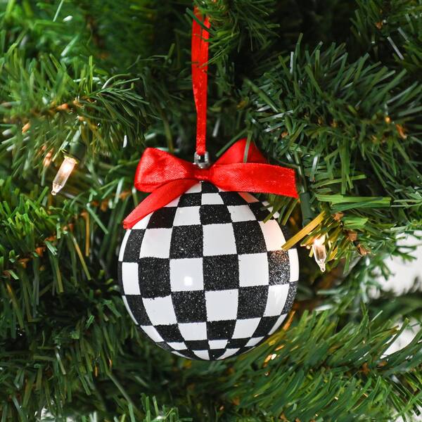Ornativity Black and White Ornaments - Glittered Checkered Ball Ornament with Red Bow Christmas Tree Decoration Set (Pack of 12)