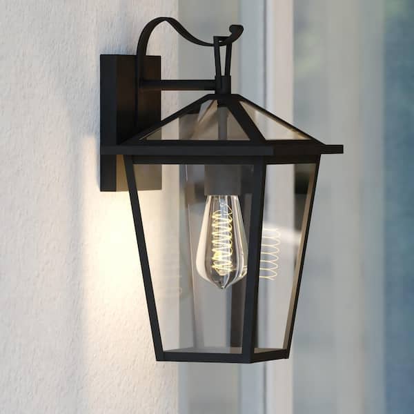 VAXCEL Derby 8 in. W 1-Light Dusk to Dawn Matte Black Outdoor Hardwired Wall Lantern Clear Glass Shade, LED Compatible