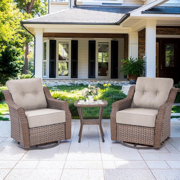 Circle 2-Piece Brown Wicker Outdoor Swivel Glider Patio Rocking Chair with Beige Cushions and Matching Side Table
