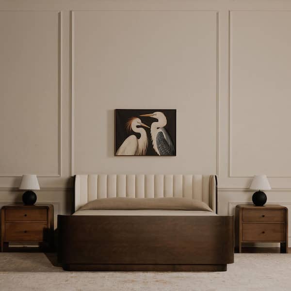 Elric Cream White MDF and Rubberwood Frame King Platform Bed with Curved Sleigh Headboard