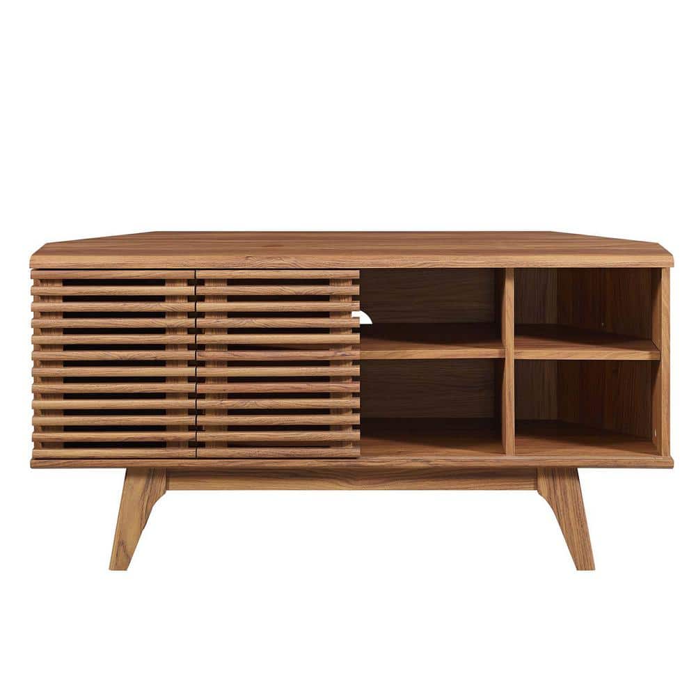 Walnut Mid-Century Modern Corner TV Stand with Sliding Doors