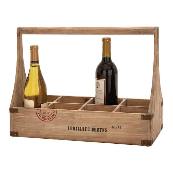 Litton Lane 18 in. W x 14 in. H Exposed Oak Brown Rectangular 8-Bottle Wine Basket with Dowel Handle