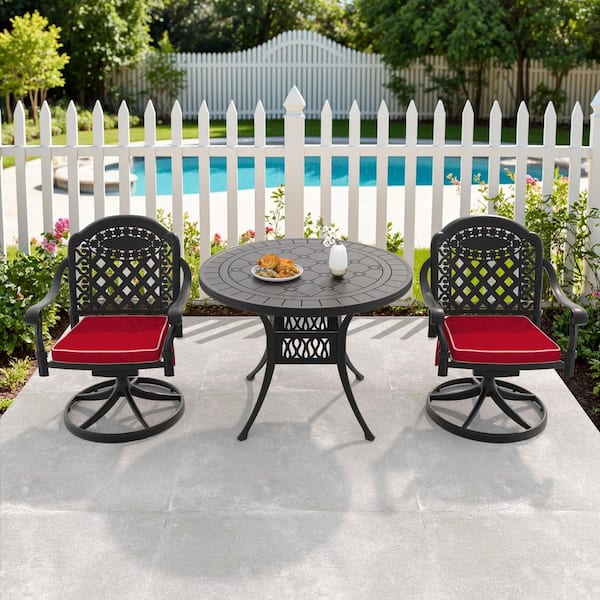 Vintage 3-Piece Cast Aluminum Patio Outdoor Dining Set with Round Dining Table, 2 Swivel Chairs and 2 Red Cushions