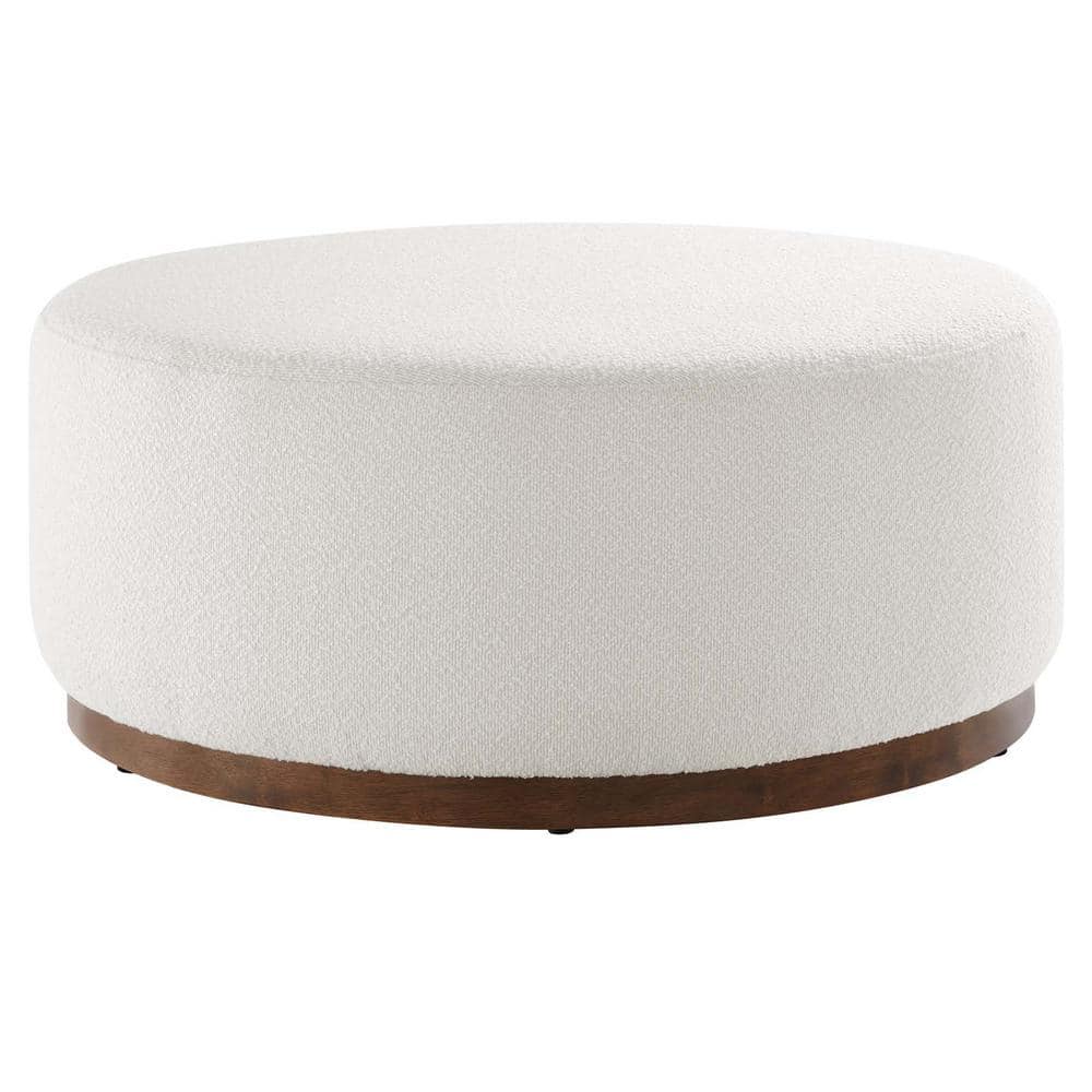 Tilden Large Round Off-White Boucle Upholstered Ottoman with Walnut Base