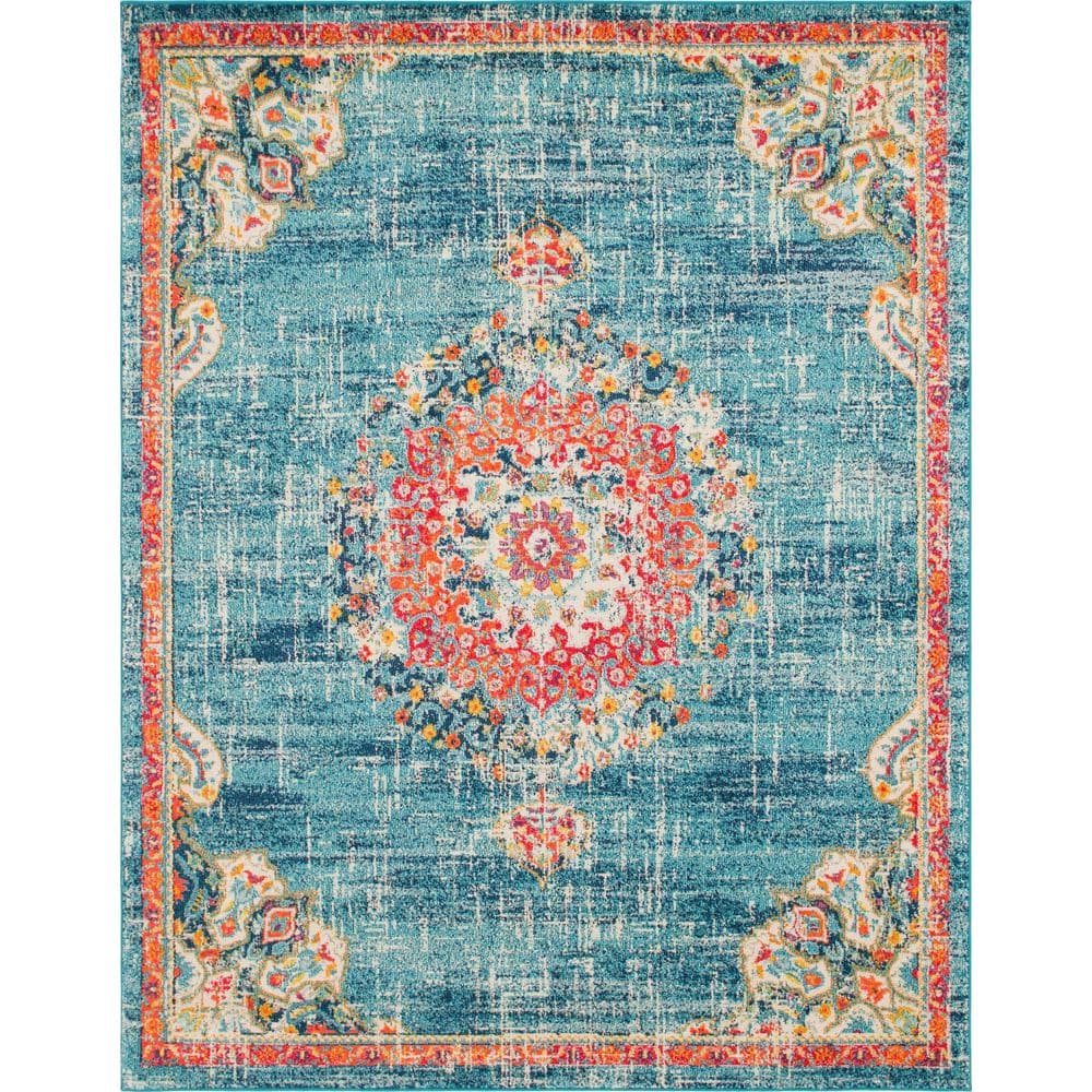 Mid-Century Abstract Geometric Blue Wool 8x10 Area Rug
