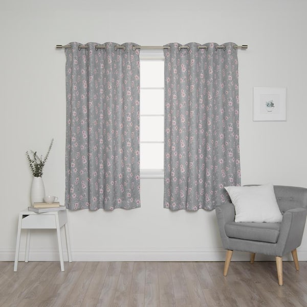 Best Home Fashion Grey Hibiscus Blossom Floral Grommet Room Darkening Curtain - 52 in. W x 63 in. L (Set of 2)