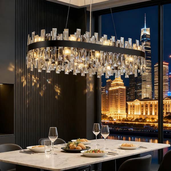 35.4 in. 12-Lights Black Oval Crystal Chandelier, Modern Crystal Chandelier Pendant Light Fixture for Kitchen Island