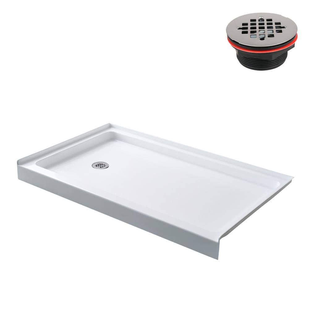 Glossy White Rectangular Acrylic Alcove Shower Base with Left Drain