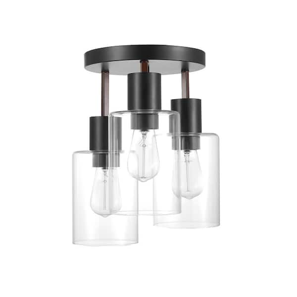 Globe Electric Sedona 14 in. 3-Light Matte Black with Faux Wood Flush Mount