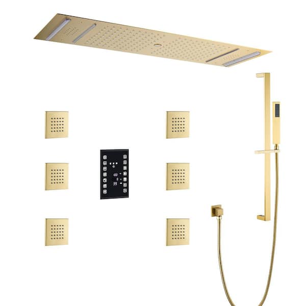6-Spray Ceiling Mount Handheld Shower Head LED and Music Shower Systems 2.5 GPM in Brushed Gold