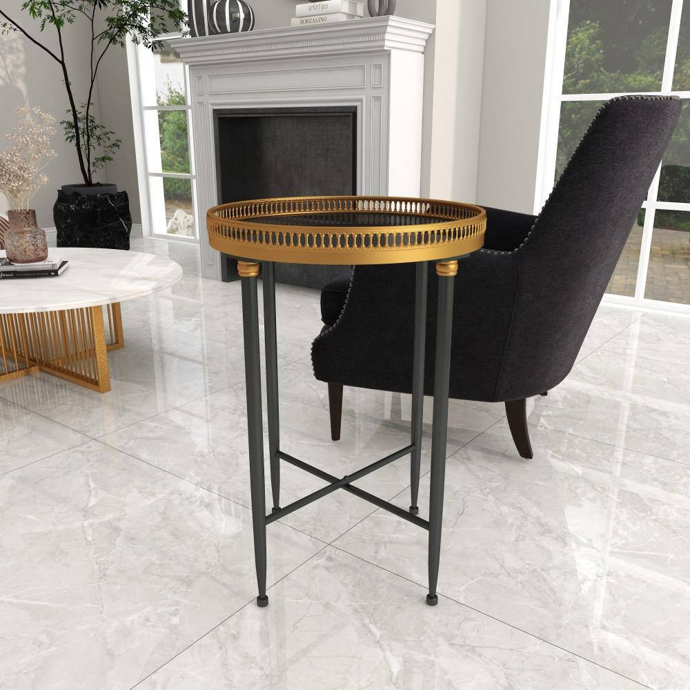 Black Round Metal and Stone Accent Table with Graduated Legs