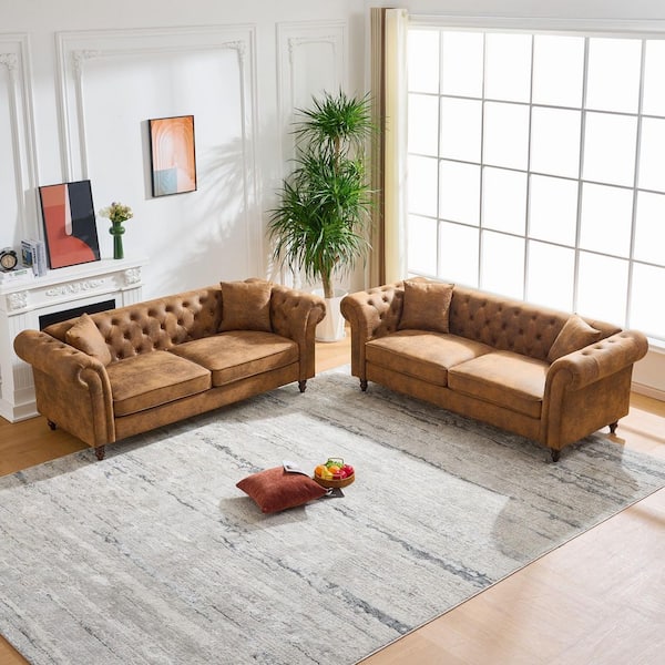 Seeds 2-Piece 83.25 in. Rolled Arm Fabric Rectangle 3+3 Seater Sofa in. Brown with Nailhead Trim, Pillows