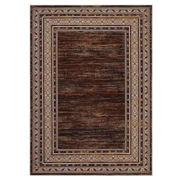Bordered 10 ft. x 13 ft. Washable Area Rug, Farmhouse Neutral Low Pile Carpet, Stain Resistant Non Slip Soft Rug, Brown