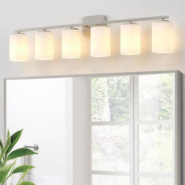 43.25 in. 6-Light Brushed Nickel Clemmon Vanity Light with Square Frosted Glass Shade
