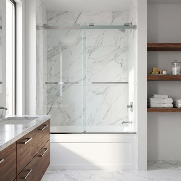Houston 56 to 60 in. W x 66 in. H VMotion Sliding Frameless Tub Door in Stainless Steel with 3/8 in. (10mm) Clear Glass