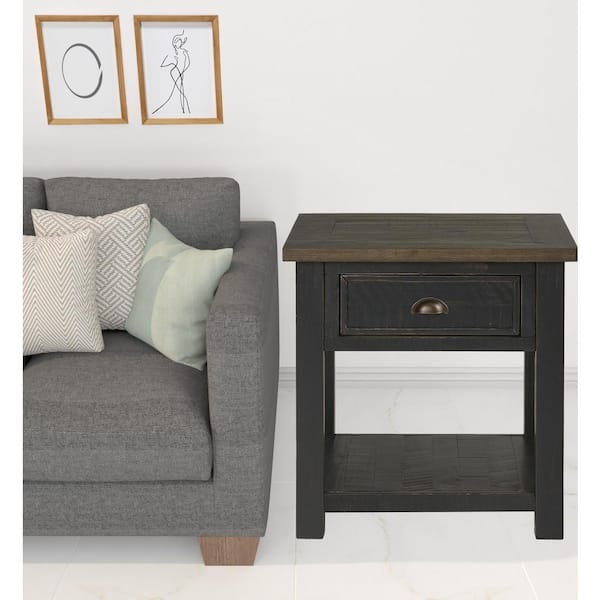 HomeRoots Charlie 24 in. Brown and Black Square Wood End Table with Drawers