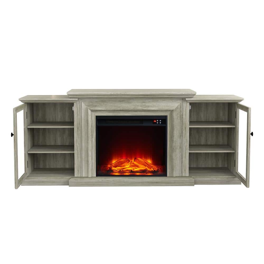 Gray Farmhouse TV Stand with Electric Fireplace and Cabinets