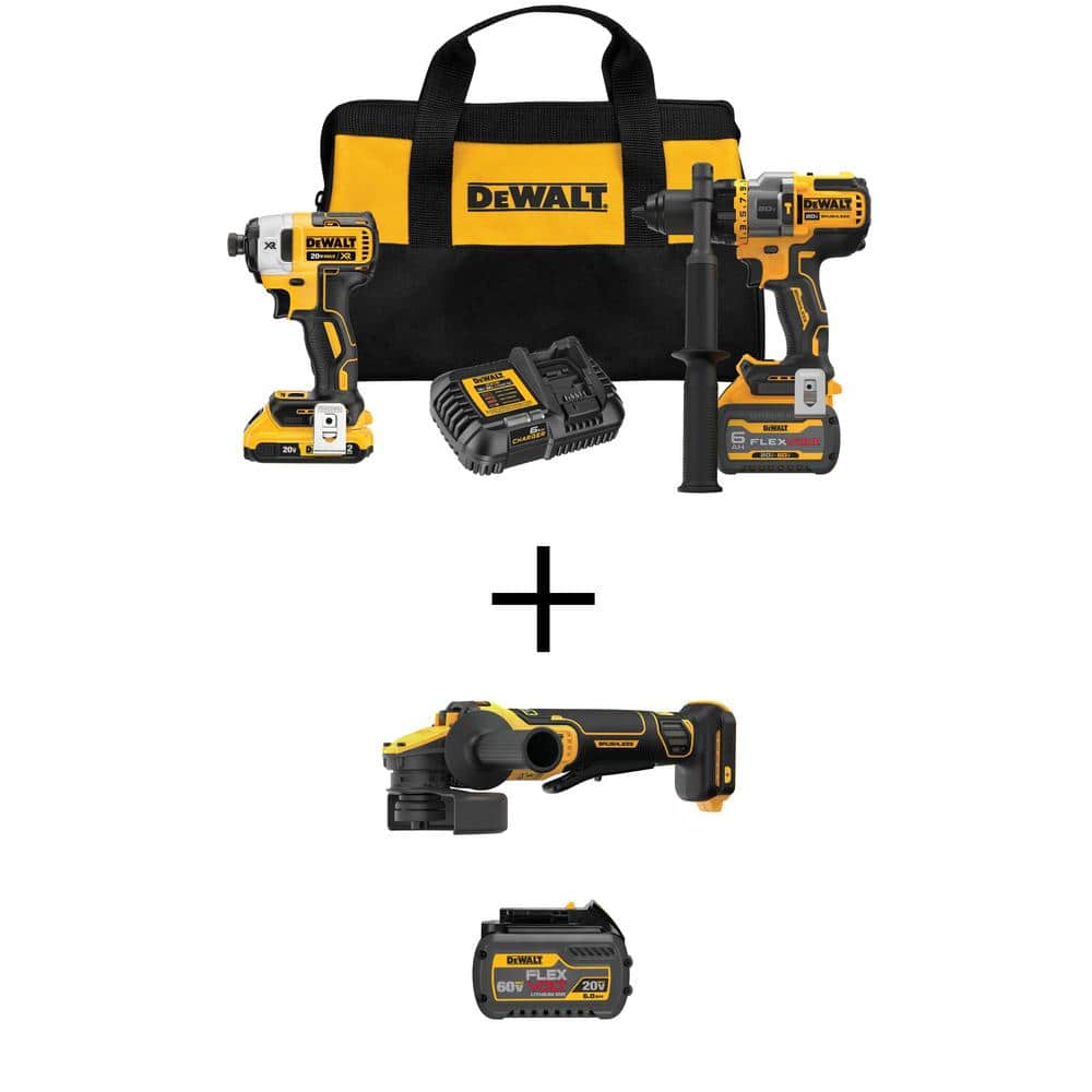DEWALT 20V MAX Cordless Brushless Hammer Drill/Driver Combo Kit, 20V Angle Grinder, and (1) FLEXVOLT 6.0Ah Battery -  DCK2100W416606