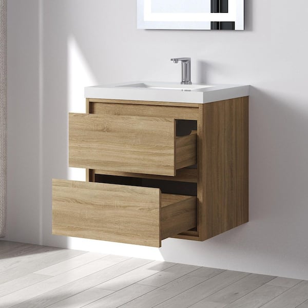 Purus 24 in. W x 20 in. D x 26 in. H Single Sink Wall Mounted Bath Vanity in Oak with White Cultured Marble Top