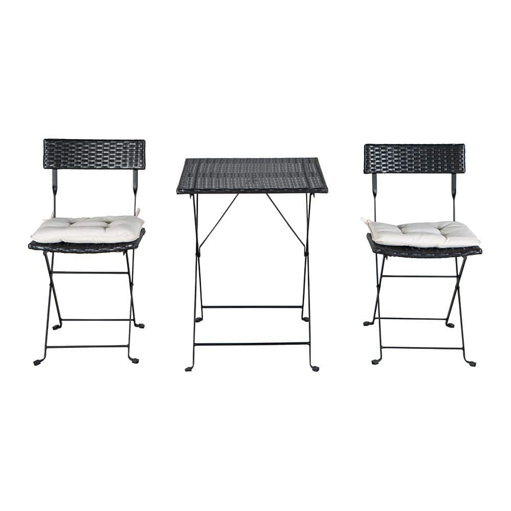 3 Piece Patio Black PE Wicker Folding Outdoor Bistro Set One Table with