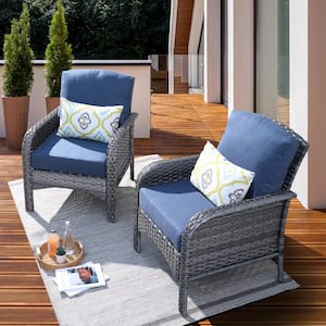 New Hyacinth A Gray 2-Piece Wicker Patio Outdoor Conversation Seating Sofa Set with Denim Blue Cushions