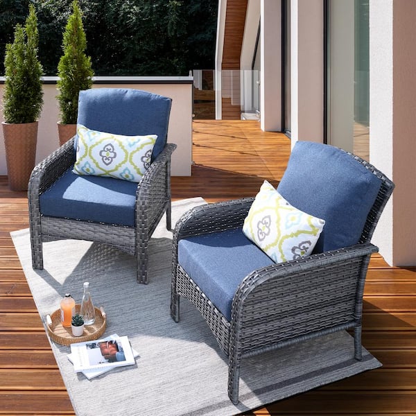 New Hyacinth A Gray 2-Piece Wicker Patio Outdoor Conversation Seating Sofa Set with Denim Blue Cushions