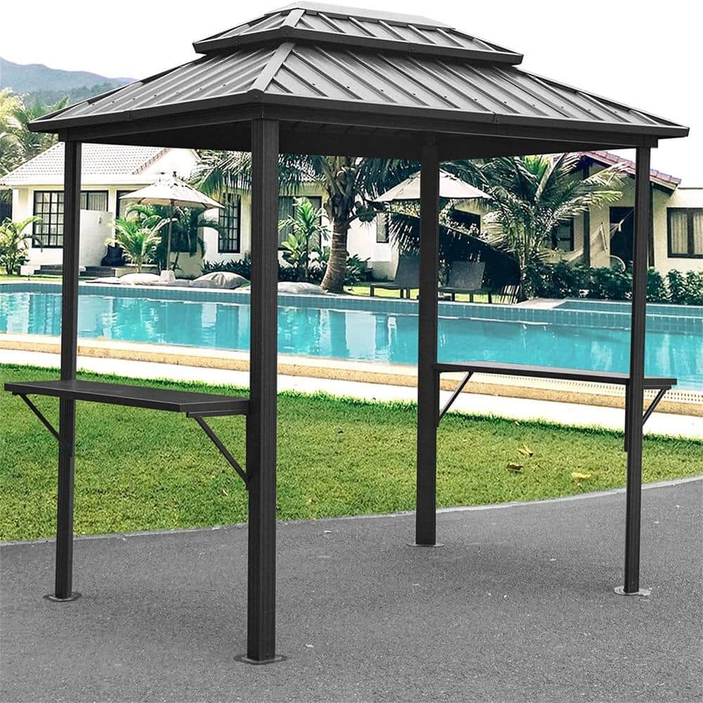 Gray Aluminum Grill Gazebo with Double Roof and Side Shelves