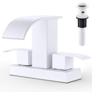 4 in. Centerset Double-Handle Waterfall Spout Bathroom Vessel Sink Faucet with Drain Kit Included in Porcelain White