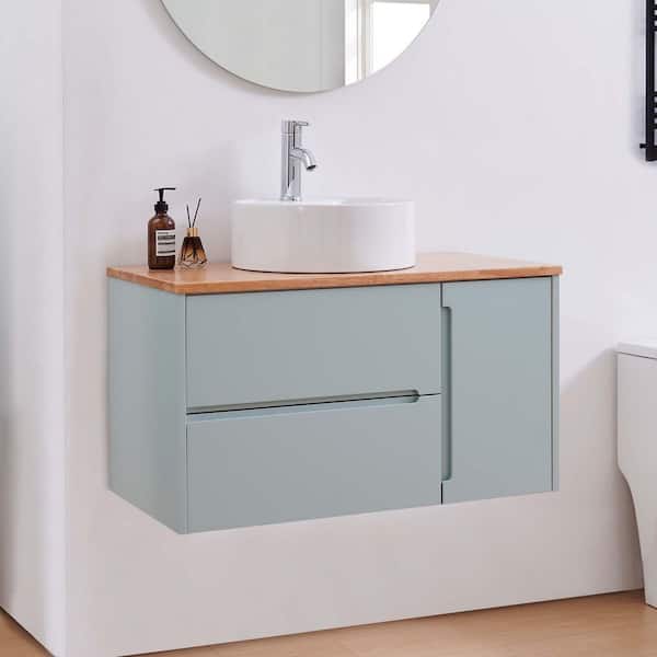 36 in. Wall Mounted Single Sink Blue Bath Vanity with Natural Solid Wood Top and Ceramic Sink (Self Assembly Needed)