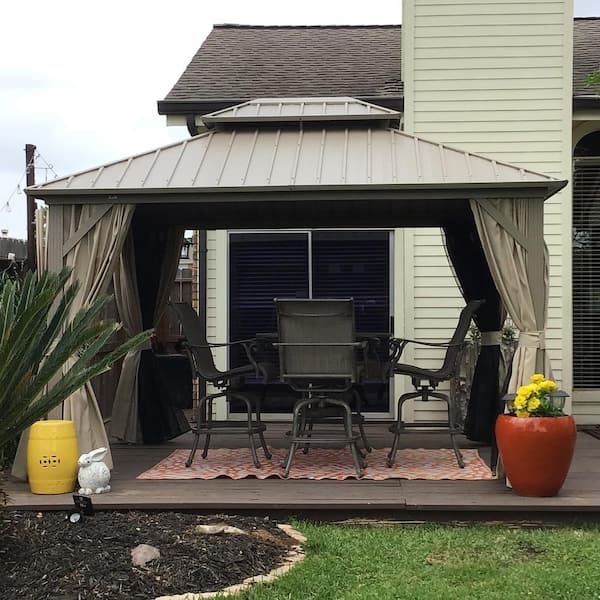 10 ft. x 12 ft. Champagne Aluminum Hardtop Gazebo Canopy with Galvanized Steel Double Roof, Curtains and Netting