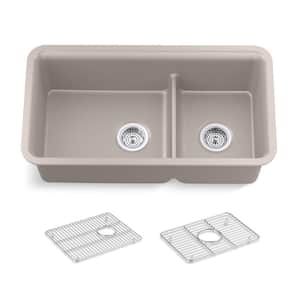 Cairn Matte Taupe Solid Surface 33 .5 in. Double Bowl Undermount Kitchen Sink