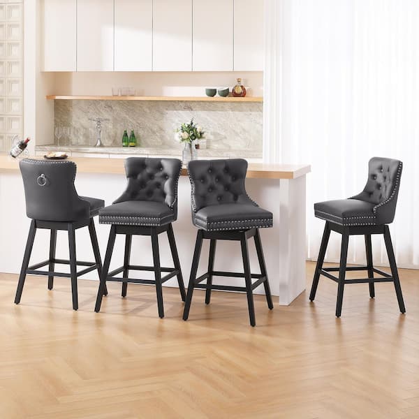 30 in. Gray Faux Leather Upholstered Solid Wood Frame Bar Height Swivel Bar Stool (Set of 4)