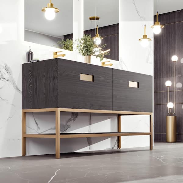 Eviva Iris 59 in. W. x 22 in. D x 33.5 in. H Gray Oak Freestanding Double Bath Vanity with White Solid Surface Integrated Top
