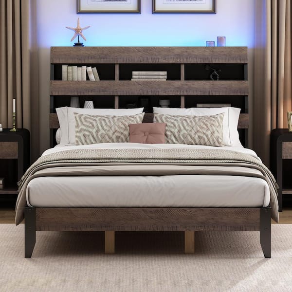 Harper & Bright Designs Mid-Century Walnut (Brown) and Black Wood Frame Queen Platform Bed with Bookshelf Headboard, LED Lights and USB Port